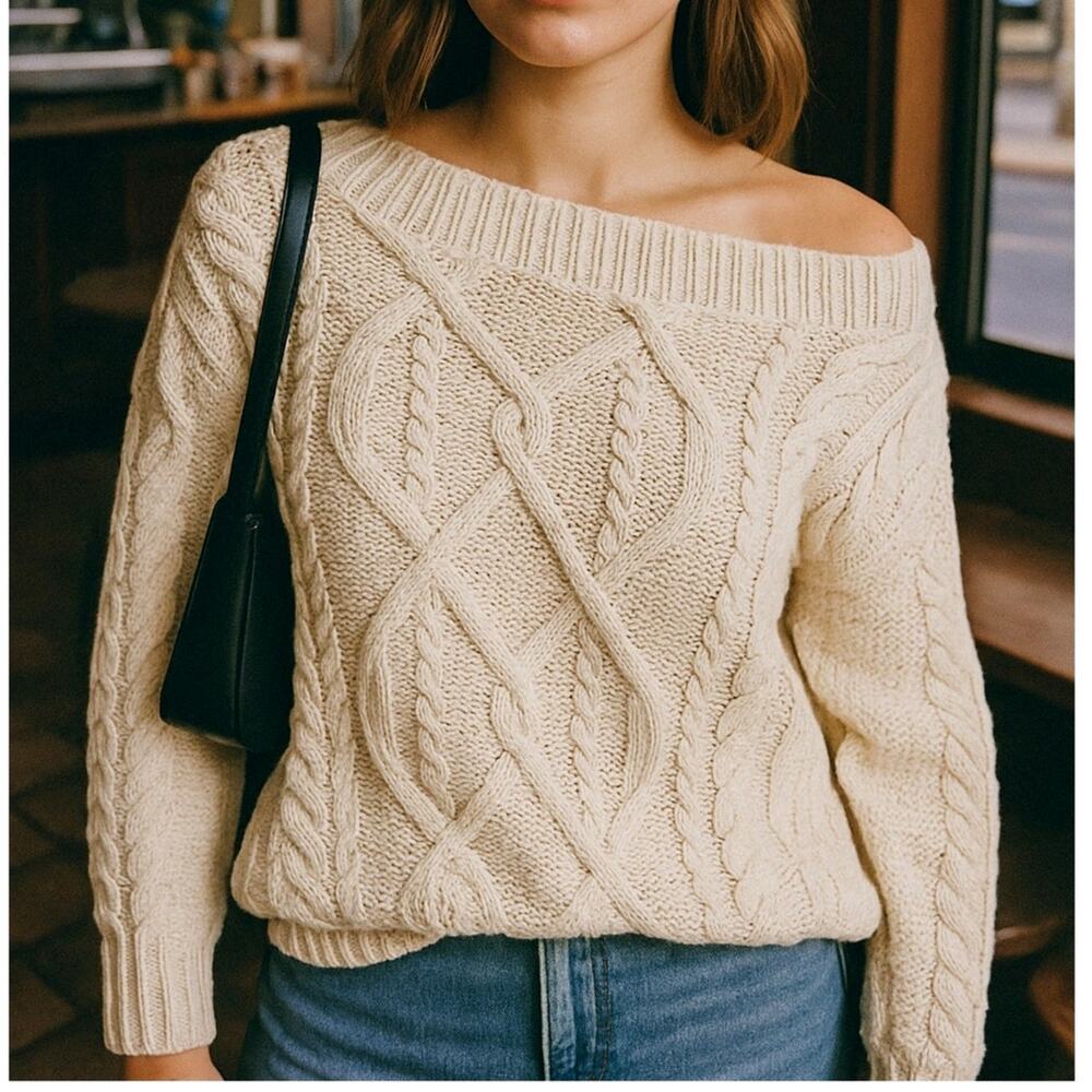 Vintage Wet Seal Cable Knit Sweater Off shoulder Cotton Medium Ivory Y2K 90s